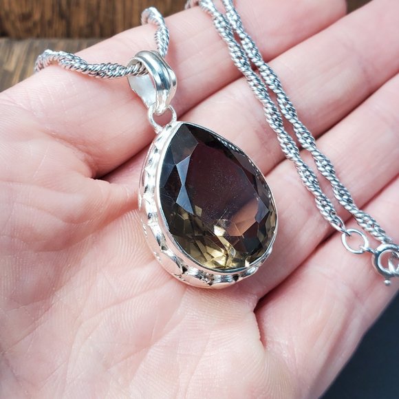 18 Inch Sterling Silver Large Smokey Quartz Gem Pendant Necklace - Picture 4 of 9